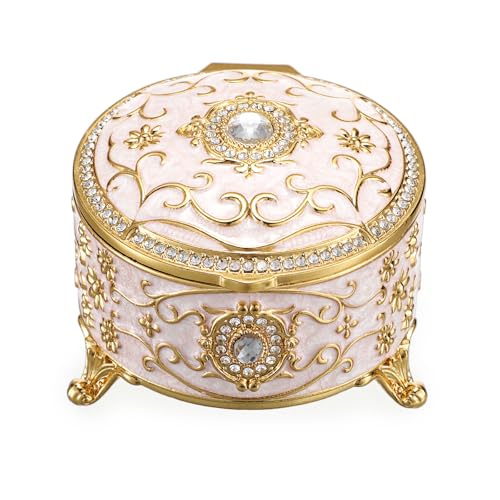 SUMTree Vintage Schmuckkasten mit Deckel Retro Schmuckschatulle aus Aluminium Runde Ringbox Beige Schmuckkästchen Schmuckbox Schmuckkoffer für Ohrringe von Damen Geschenk für Geburtstag (Klein)
