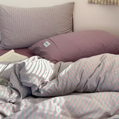 Image of Striped Duvet Cover Set Washed Cotton,King(104 inchx90 inch),Pinstripes Lavender
