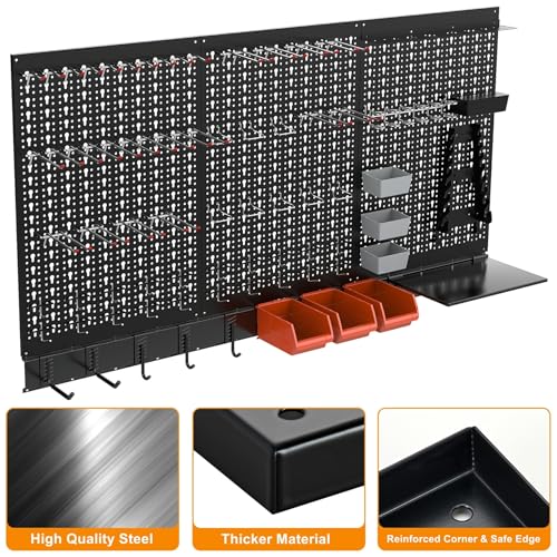 Image of TORACK Metal Pegboard Wall Organizer System for Garage, 109 PCS Pegboard Accessories Tool Organizer Kit with Pegboard Bins, Hooks, Tool Storage Peg Board for Workbench(Black)