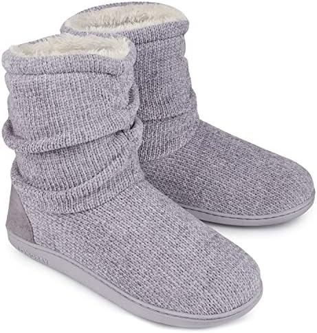LongBay Women's Chenille Knit Bootie Slippers Cute Plush Fleece Memory Foam House Shoes (Medium / 7-8 B(M), Gray)