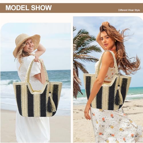 Image of Long Keeper Women Straw Beach Bag Large Weave Tote Bags Summer Boho Shoulder Bag Woven Handbag for Travel Vacation Shopping