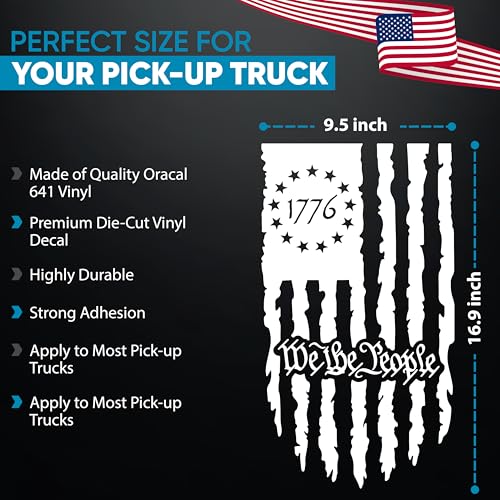 Image of GRITKULTURE We The People Distressed American Flag Decal Vinyl for Trucks, Cars, Tailgate, Windows Preamble of The US Constitution fits Most Pickup Trucks-Rear USA Flag Car Sticker (White)