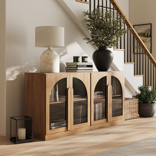 Image of BELLEZE Set of 2 Modern Sideboard Buffet Cabinets (63 inch Wide) - Large Kitchen Credenza with 4 Arched Glass Doors - Seamless Storage Console Sideboard for Kitchen, Living Room - Camel
