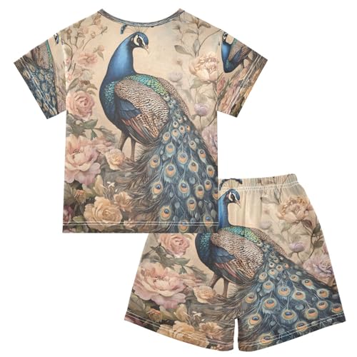 ALAZA Peacock Peony Flower Floral Pajamas Set Short Sleeve Cotton Sleepwear Summer Pjs 2 Piece 5-14Y2