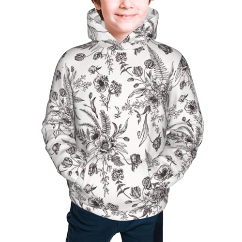 Black and White Flowers Kids Pullover Hoodies Boys Sweatshirts Girls Athletic Clothes with Pocket2