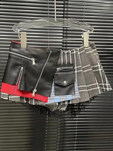 Women's Denim Skirt High Waist Pu Leather Patchwork Plaid Irregular Wrap Hip Mini Skirts2