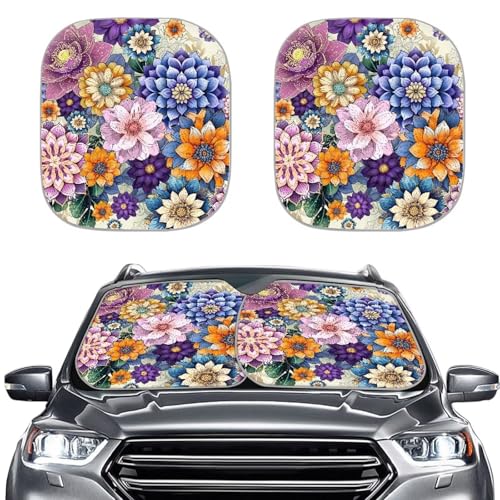 Image of Hippie Flower Car Window Shades 2 PCS Foldable Automotive Interior Accessories for Sun Protection Auto Sun Heat and UV Rays Blocker Car Interior Accessories for Sun Heat