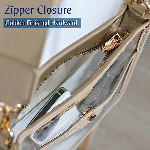 Women's Clear PVC Cross Body Bag Zipper Pocket Shoulder Bag with Vegan Leather Trim Stadium Approved Transparent Purse4