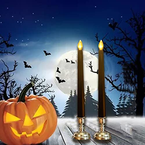 Image of CANDLE CHOICE Black Flameless Taper Candles with Timer 9 inch Tall Long Flicking Fake Battery Operated Electric LED Stick Candles Candlesticks Candelabra Halloween Party Decoration Table Centerpiece 2 PCS