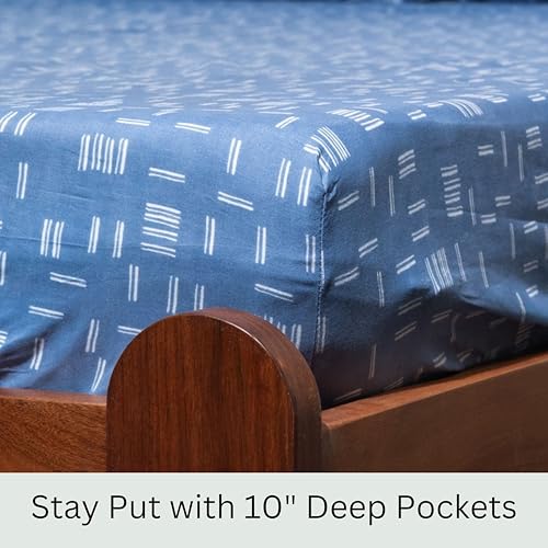 Image of Amazon Brand - Umi Cotton Elastic Fitted Bedsheet, King Size 78x72 Inches, Elastic Fit Bed Sheet, 10 Inch Deep Pocket, Soft Breathable Bedding, Durable Easy Care, with Pillow Cover-Rhythm Dashes