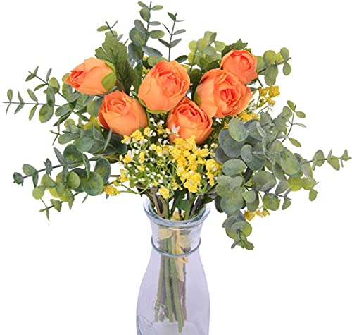 huaao 2pcs Ramo de Flores Artificiales Rosa y Aliento del bebé Artificiales Eucaliptos Falsas Plantas Bouquets Flor Nupcial Decoración Jarrón Boda arreglo Floral Fiesta Oficina Mesa Hogar, Naranja
