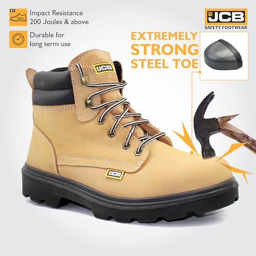 Image of JCB Trekker Safety Shoes for Man | Nubuck Leather High Ankle Boot | Steel Toe Cap | SRC Antislip & Oil Resistant | Double Density, Antistatic & Abrasion Resistance | Beige | Size 6-10 UK