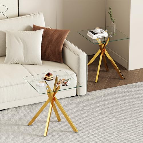 Sybrioka X GLASS COFFEE TABLE Gold Glass Coffee Table Set Of 3 Modern End Table Living Room Side Table, Geometric Metal Legs 47.2 Inch Clear Rectangle Center Cocktail Tables thumb #1
