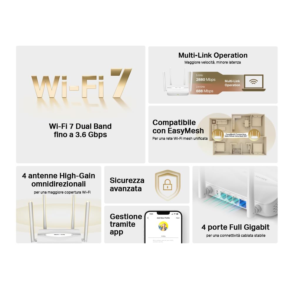 Mercusys TP-Link MR25WBE Router WiFi 7 BE3600Mbps Dual-Band, 4 Porte Gigabit, 4 Antenne Ad Alto Guadagno, Canali 160MHz, 4K-QAM, MLO, Sicurezza WPA3, Controllo da APP, non supporta xDSL