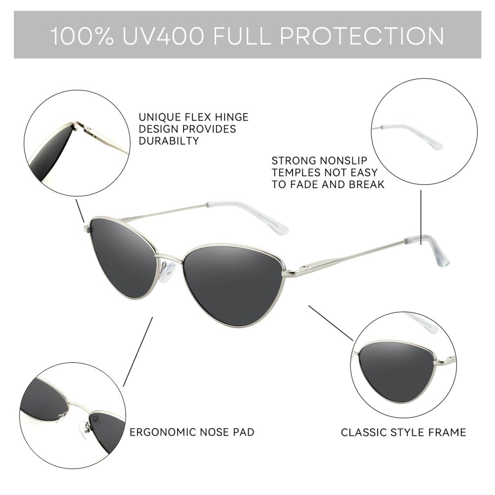 Damen-Sonnenbrille, Vintage-Stil, klein, Katzenauge, schmaler Metallrahmen, polarisierte Sonnenbrille, UV400-Schutz für Frauen