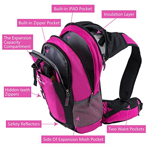 Insulated Hydration Backpack Pack with 2.5L BPA FREE Bladder, Lightweight Daypack Water Backpack For Hiking Running Cycling Camping, Commuter, Fits Men, Women, Kids, 18L Rose
