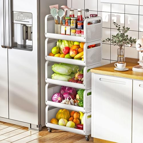 MIIKHI Cesta de frutas para cocina, carrito de almacenamiento de frutas y verduras, estante de almacenamiento de plástico móvil de 2 a 6 niveles con ruedas, para cocina, baño, dormitorio, sala de