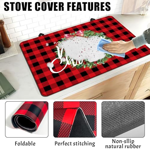 Image of Christmas Stove Top Cover for Electric Stove, 20x28 In Red Plaid Stove Covers Xmas Stove Mat Winter Heat Resist Gas Range Mat Induction Kitchen Decor Cooktop Protector Pad