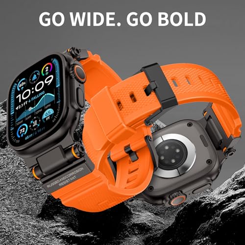 Image of FOAMUNOC Rugged Band Compatible with Apple Watch Ultra 3 /2 /1 Band 49mm /46mm /45mm /44mm /42mm, Metal Connector with Silicone Strap for iWatch Ultra Series 11 /10 /9 /8 /7 /6 /SE3 /SE2 /SE /5 /4 /3 /2 /1, Orange /Black