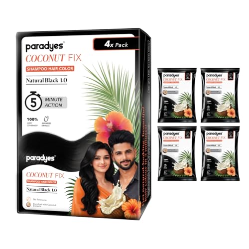 Image of Paradyes Coconut Fix Shampoo Hair Color Natural Black 1.0, No Ammonia, Enriched with Coconut Extracts to Minimizes Dryness, 5 - Minute Grey Coverage, Pack of 4