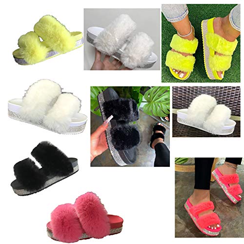 JITUUE Ladies Rhinestone Platform Furry Slippers Indoor or Outdoor Flat Slippers2
