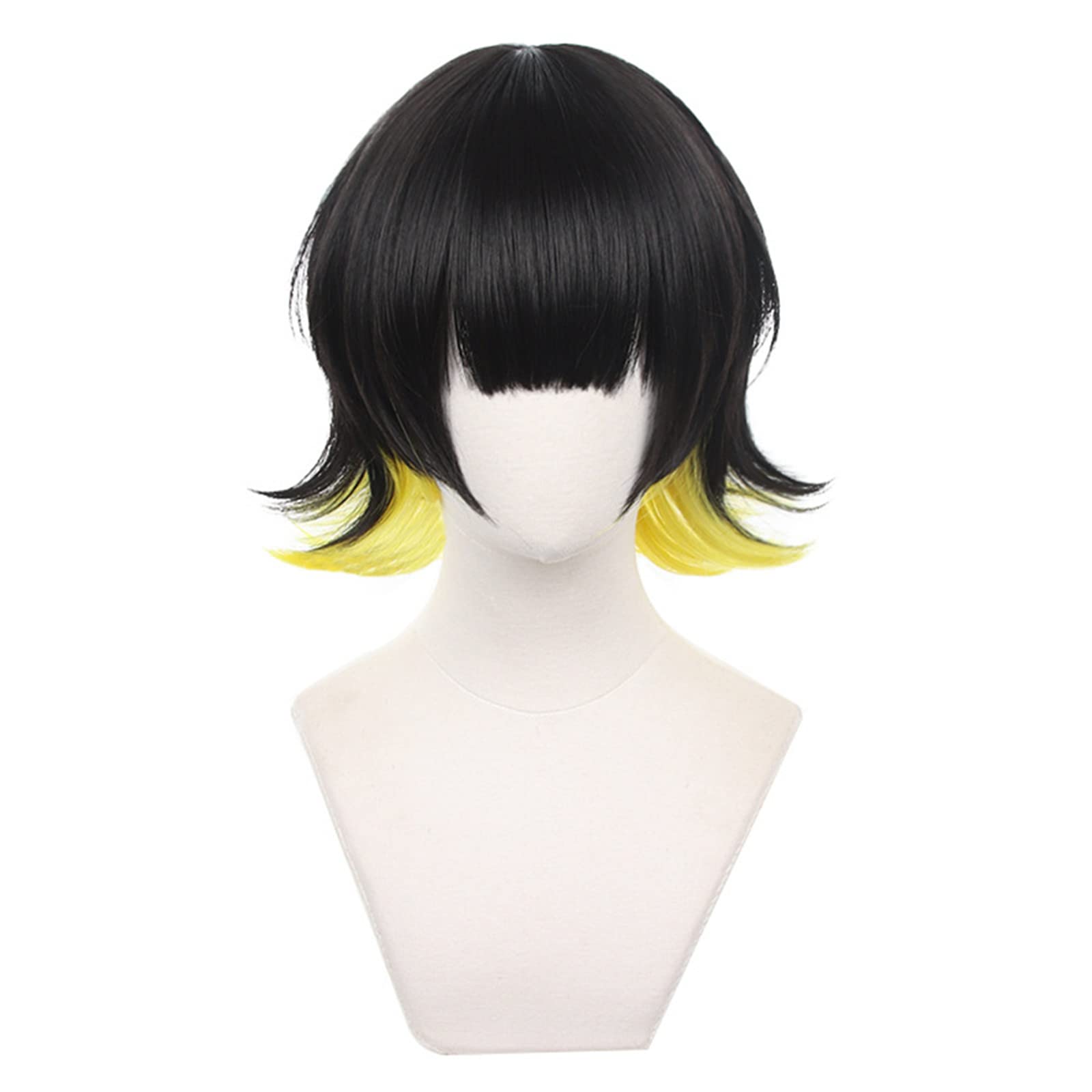 AwwwCos Cosplay Short Black Wave Wig Hair Splicing Yellow Cap Halloween for Women Costume