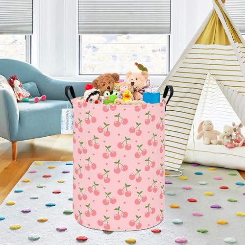 Image of Round Laundry Basket Collapsible Storage Hamper Organizer Pink Cherry | Waterproof Canvas Foldable Baskets with sturdy Handles Multi-scene Organizer for Home Play Bedroom Gift Bin