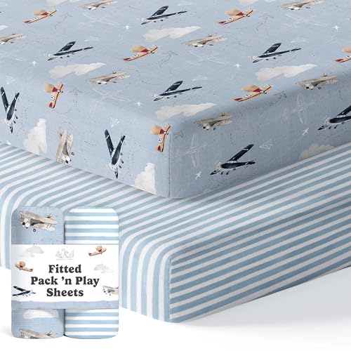 Image of Pack and Play Sheets Fitted, Mini Crib Sheets for Graco Pack N Play Playard (38x26), Ultra Soft Cotton Blend, Safe & Snug Playpen Mattress Sheet for Baby Boys Girls, Airplane in The Clouds, 2-Pack