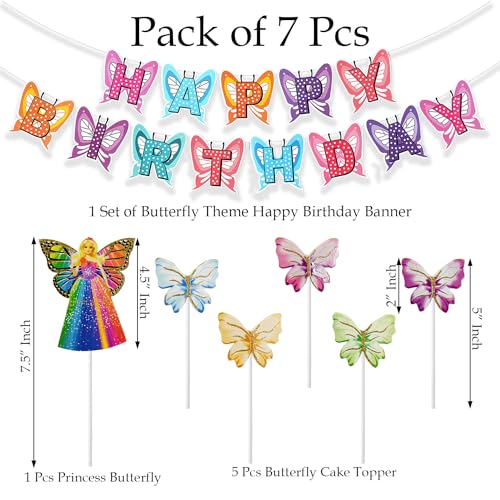 Image of Rozi Decoration Butterfly Theme Happy Birthday Banner with Cake Topper for Princess Birthday Party Decorations, Butterfly Theme Birthday Decorations for Girls Set of 7 Pcs