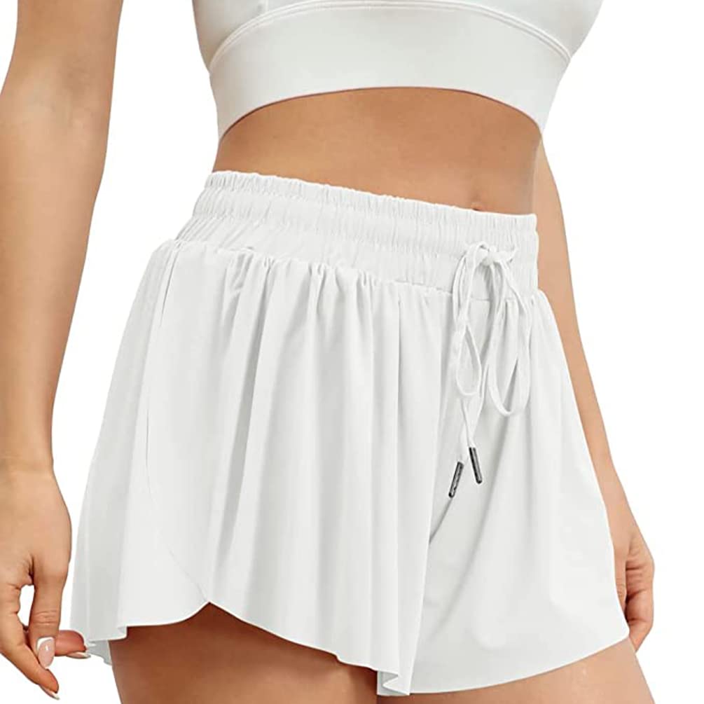 ALIBRAHIM 2 in 1 Flowy Running Shorts for Women Gym Yoga Athletic Womens Workout Biker Spandex Lounge Sweat Skirt Summer White