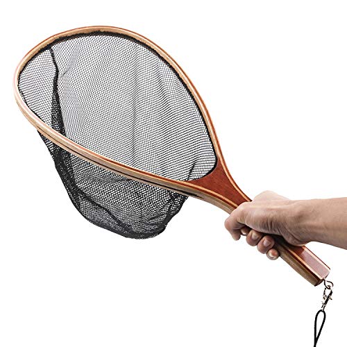 Mounchain Fly Fishing Landing Net, Wooden Frame Fish Net with Waterproof Nylon Mesh for Trout Fishing Catch and Release