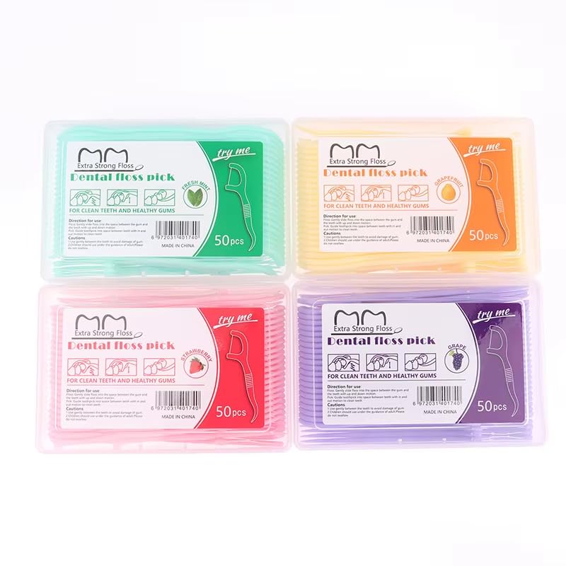 200 pcs 50pcs/Box Fruit Flavor Dental Floss Pick Teeth Cleaner Double Line High Tensile Force Teeth Stick Portable Toothpick Hygiene