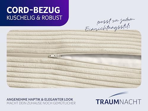 Traumnacht Cozy Rückenkissen, Lesekissen, 70x40cm, beige, Abnehmbarer,waschbarer Bezug aus gemütlichem Kord, praktisches Seitenfach, Öko-Tex Zertifiziert, produziert nach deutschem Qualitätsstandard