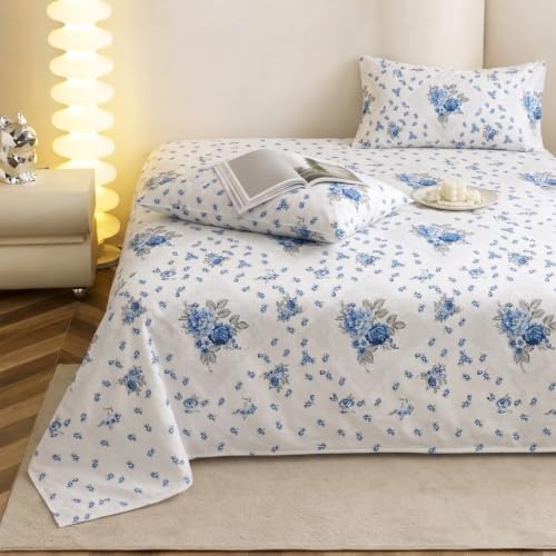 Image of IVAZA 240 TC Soft Ezyption Cotton Floral Print King Size Bedsheet - with 2 Pillow Covers, Hypoallergenic, Brethable, (Size- 90 x 90 Inch) Blue White Flower