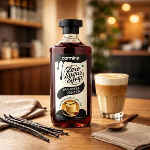 Image of Carmine Zero Sugar Bourbon Vanilla Syrup - 330g | Sweetened with Pure Monk Fruit | Made with real imported Madagascar Vanilla Beans | No Added Sugar or Artificial Ingredients