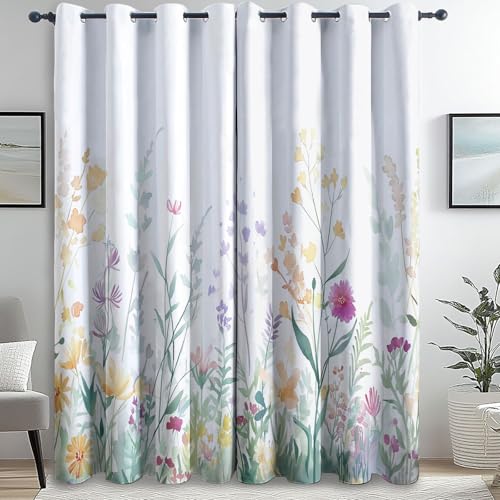 Cortinas Opacas Blanco Decoración de Ventanas Flores Prado De Flores Silvestres Impresas para Dormitorio Sala de Estar guardería habitación Cortina 70An x 145Al cm (2 Paneles) con Ojales