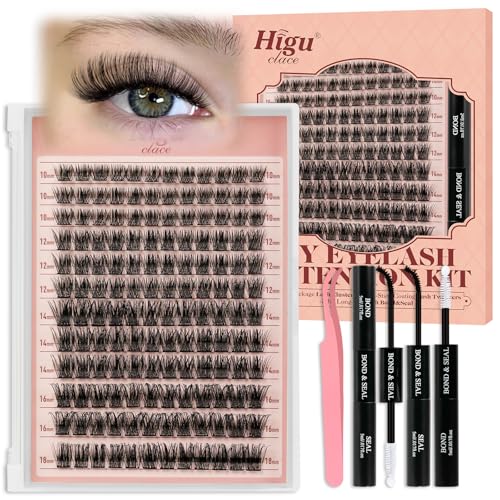 Higu clace Lash Clusters Kit, 144PCS Lashes Clusters Kit with Lash Bond and Seal, C Curl Wispy Cluster Eyelash Extensions Natural Look with Thin Band Easy to use for Beginners (A11）