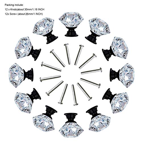 Black Glass Crystal Knobs for Kitchen Cabinet and Dresser Drawers (12 PCS)