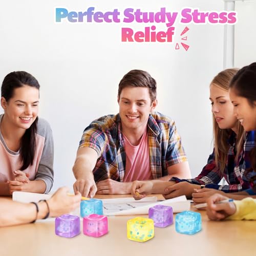 Image of Gemscream Stress Cube Bulk Slow Rising Ice Cube Stress Ball Sensory Squeeze Cubes Halloween Goodie Bag Stuffing for Adult Birthday Gift Anxiety Relief Party Favors(24 Pcs,Yellow, Pink, Purple, Blue)
