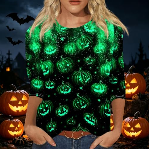 Image of Women Spooky Halloween Graphic Shirt 3 /4 Length Sleeve Crewneck Top | Halloween Funny Printed Pumpkin Plus Size Tshirts 2026 Fall Outfits Skeleton Tee Going Out Tops