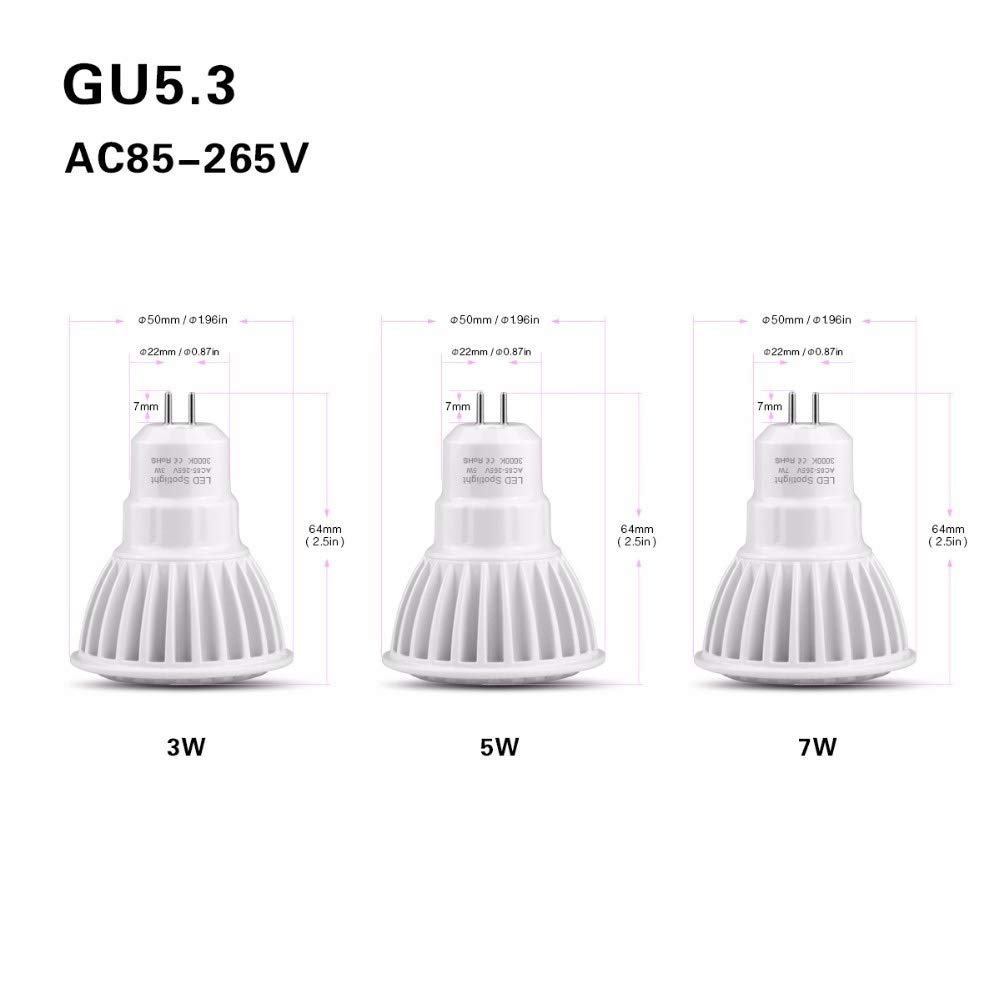 YSJX feux à large tension, Lot de 10 ampoules LED COB for projecteur, GU5.3/GU10 AC85V-265V, 3W/5W/7W, lampe spot MR16 DC12V NON dimmable(Warm White 7w,GU10 AC85V-265V)