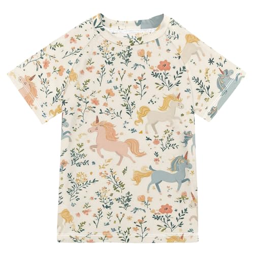 ALAZA Kids Rash Guard Girls Toddler Swim Shirts Short Sleeve Unicorns Floristic UPF 50+ 3T