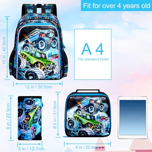 3PCS Dinosaur Backpack for Boys, 16 Inch Kids Water Resistant Preschool Elementary Kindergarten Bookbags and Lunch Box3
