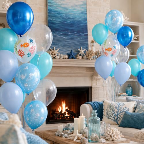 Image of Ocean Balloons, 12 inch Teal Blue Under the Sea Pearl Metallic Blue Balloons | with Sea Shell Print Pearl Aqua Clear Bubble Balloon for Summer Sea Beach Themed Pool Kids Birthday Baby Shower Decorations