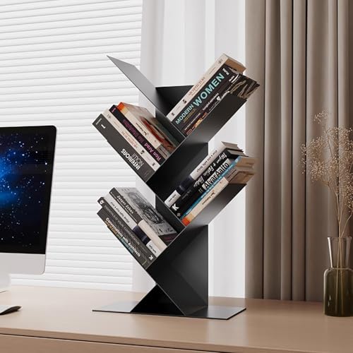 Tree Book Shelf,Small Desktop Bookshelf,Wood Bookcase,Desk Display Bookshelves,Floor Standing Organizer Bookcases for Living Room,Bedroom,Office(2tier, Gold) - Image 3