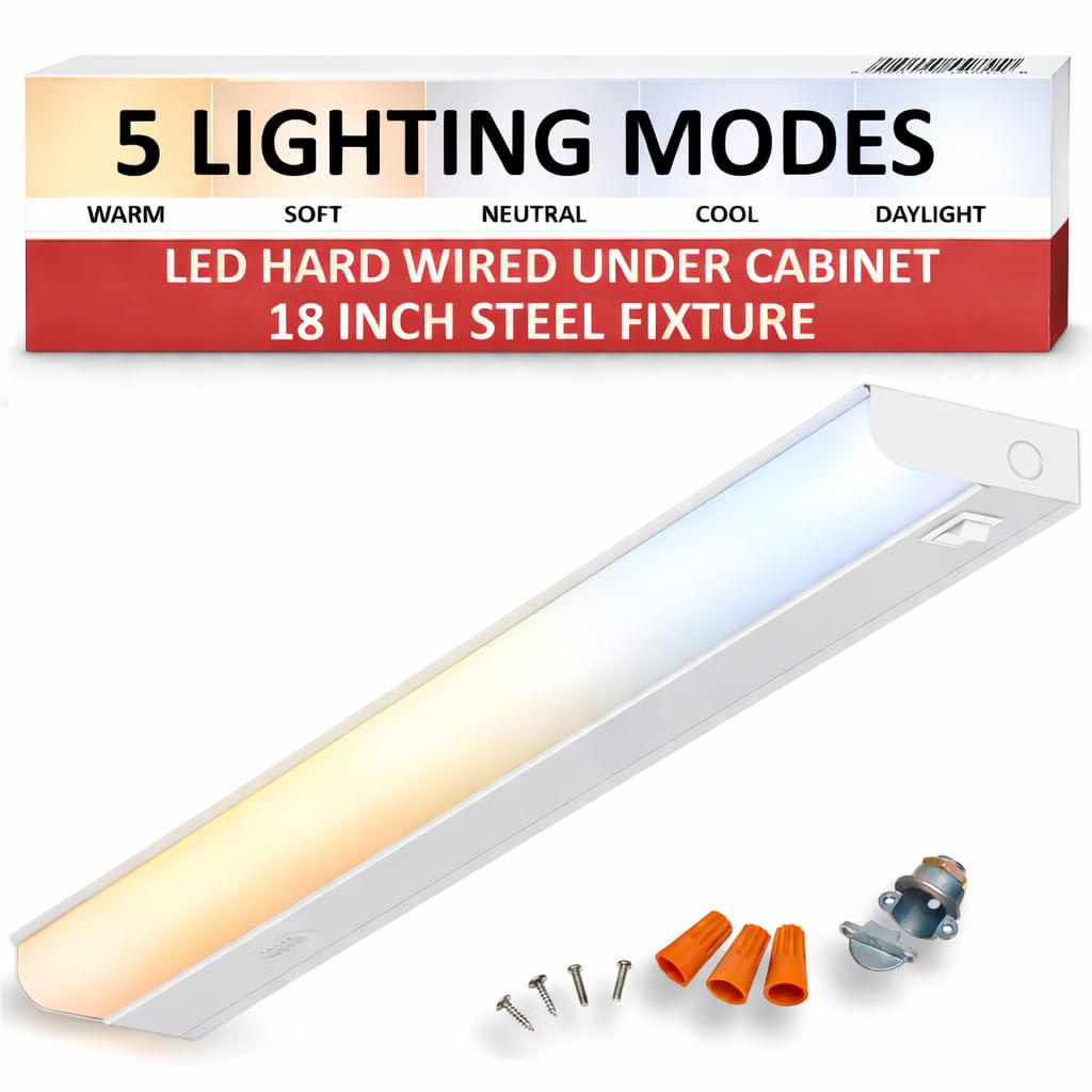 Heavy-Duty Steel Hardwired Under Cabinet Light, 18 in., 5 CCT Selectable (2700K-5000K), True Replacement for Built-in Fixtures, Wide Body Direct Wire