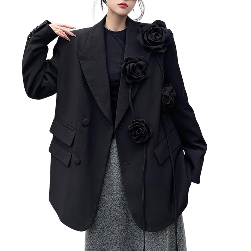 Women Black Oversized Lapel Blazers Flower Party Blazer