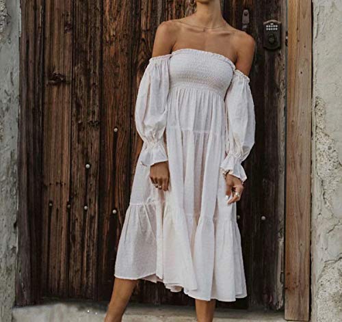 RVivimos-Womens-Summer-Cotton-Plaid-Puff-Sleeves-Bow-Casual-Off-Shoulder-Boho-Midi-Dress