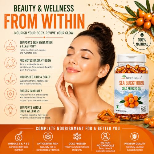 Image of Sea Buckthorn Oil Capsules 1200mg Daily Serving | Cold Pressed Himalayan Omega 7 Formula | Supports Skin Hydration, Glow, Hair & Whole Body Wellness | Omega 3 6 7 9 | 60 Capsules