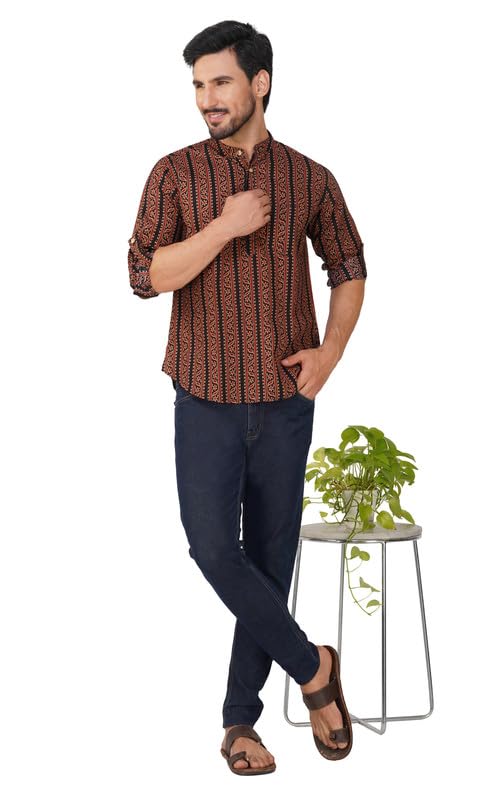 Image of Vastraa Fusion Men's Handloom Weaving Pure Cotton Short Kurta, Round Collar, Full Sleeves,Button Kurta, Ethnic Wear